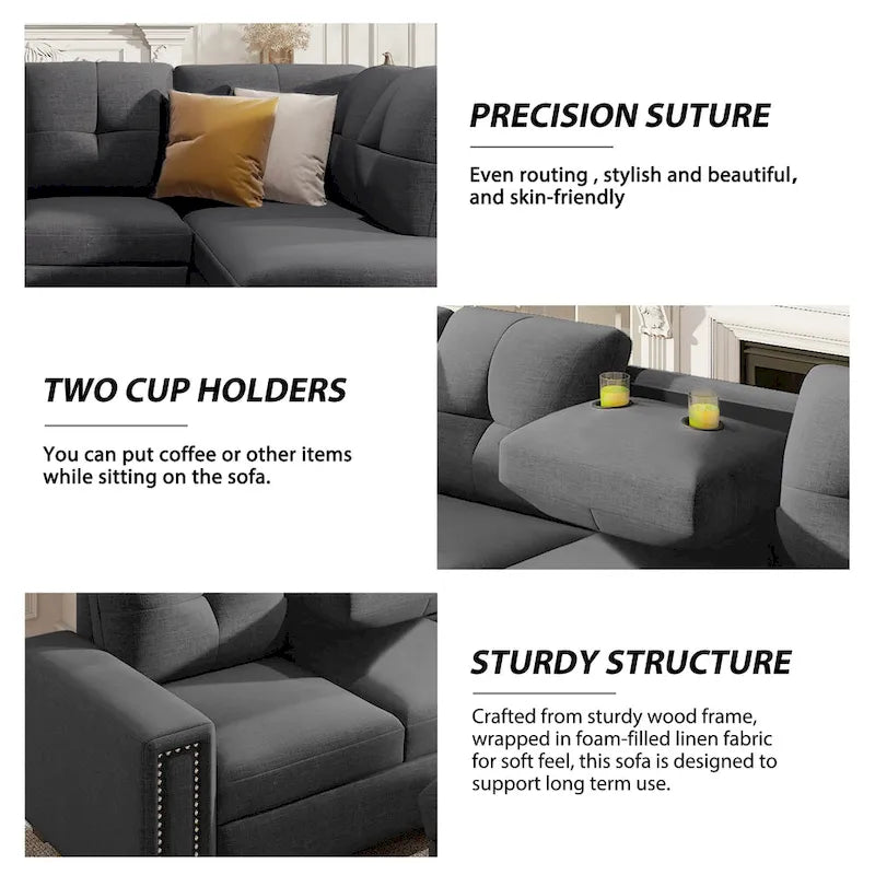 Grey 105.2 Reversible L-Shaped 6-Seater Sectional Sofa with Storage Ottoman and Cup Holders, Space-Saving Linen Design