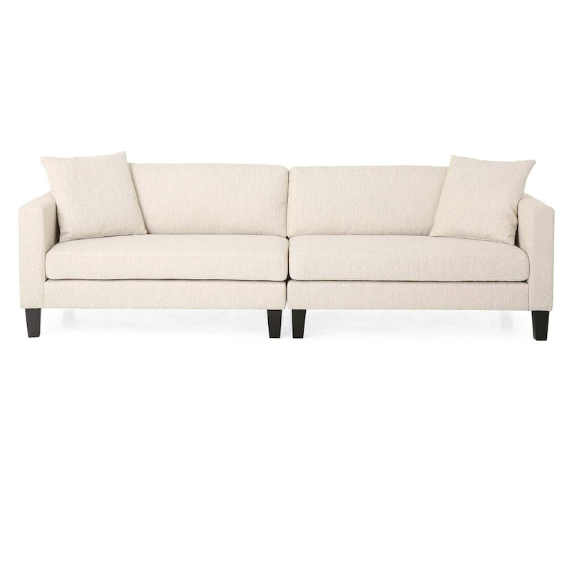 Canapé 3 places moderne beige 101 avec pieds en bois et deux oreillers pour salon