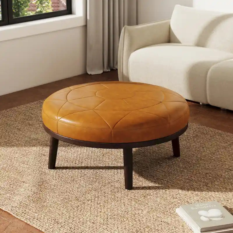 Pouf en cuir italien pleine fleur de 34,5 pouces de large