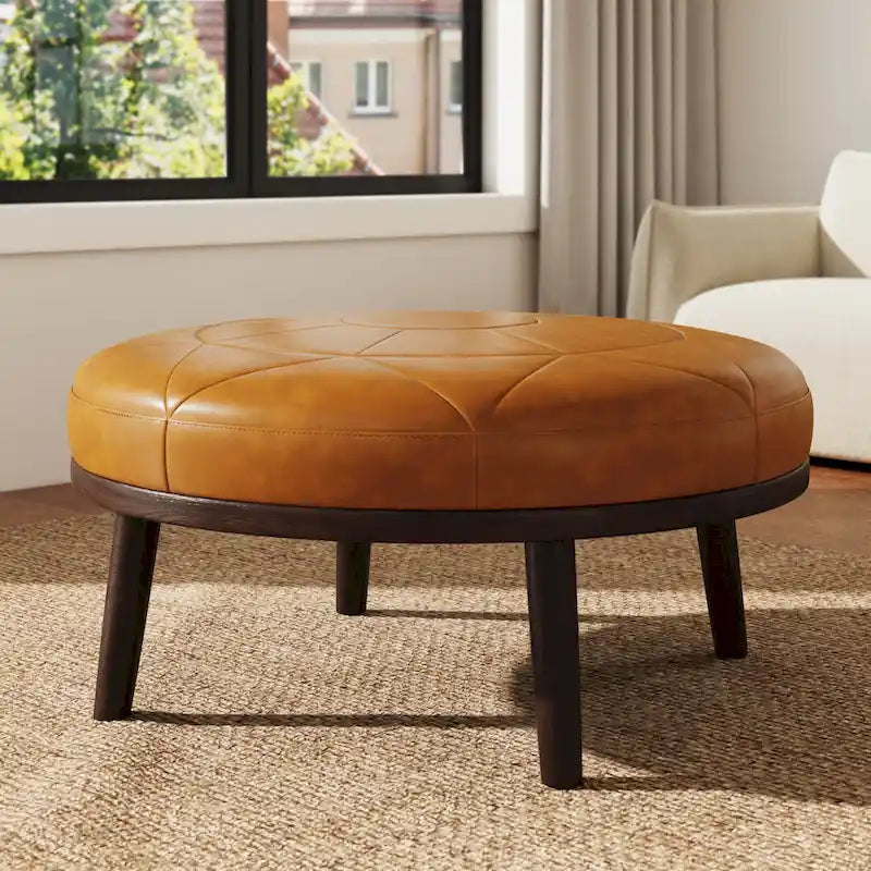 Pouf en cuir italien pleine fleur de 34,5 pouces de large