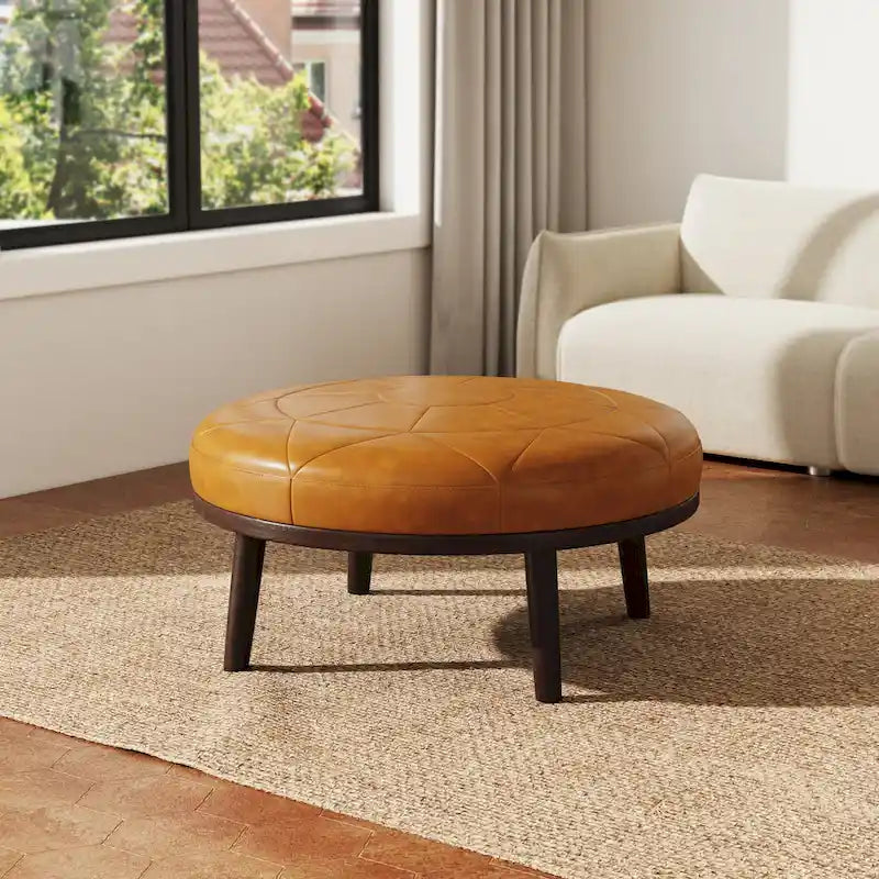 Pouf en cuir italien pleine fleur de 34,5 pouces de large