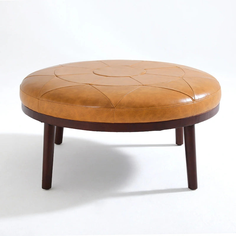 Pouf en cuir italien pleine fleur de 34,5 pouces de large