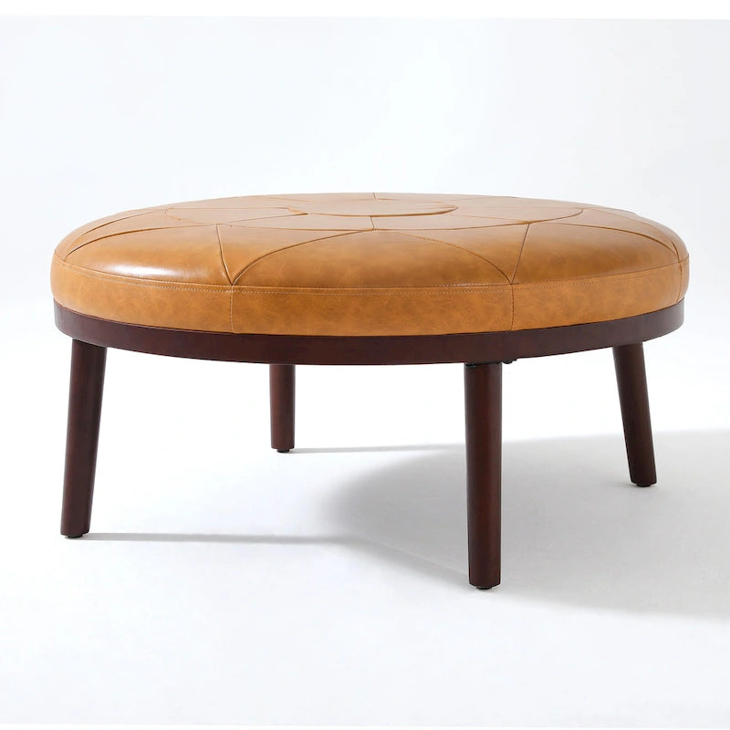 Pouf en cuir italien pleine fleur de 34,5 pouces de large