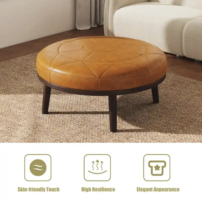 Pouf en cuir italien pleine fleur de 34,5 pouces de large