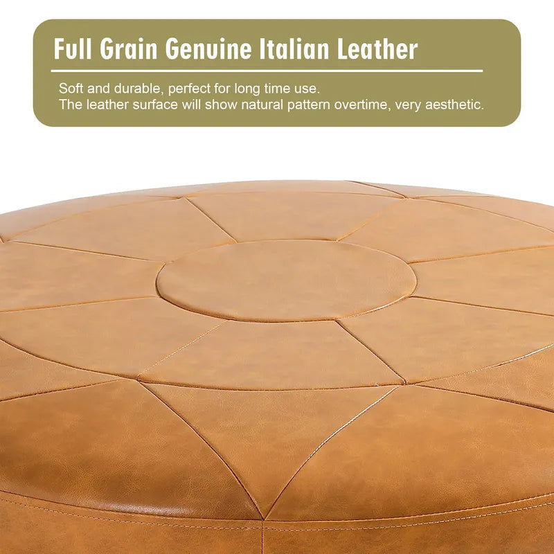 Pouf en cuir italien pleine fleur de 34,5 pouces de large