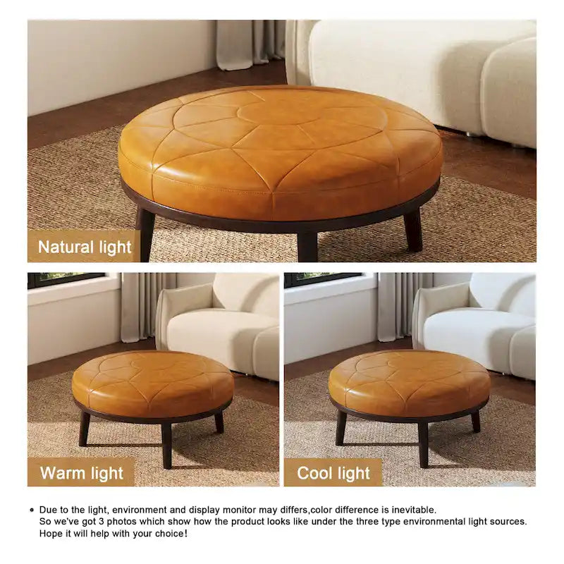 Pouf en cuir italien pleine fleur de 34,5 pouces de large