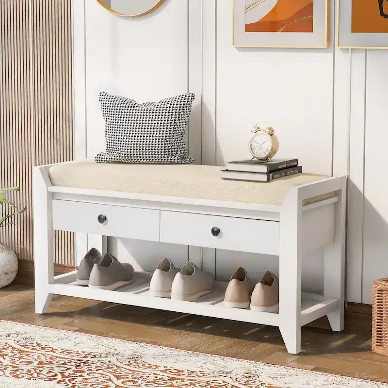 Meuble à chaussures avec assise capitonnée et tiroirs, banc de rangement multifonction pour entrée