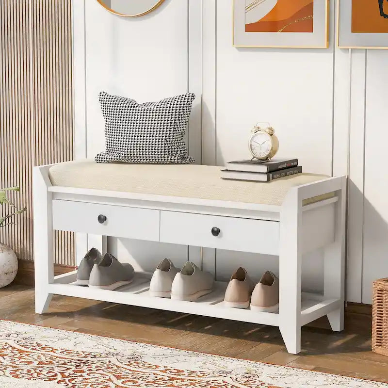 Meuble à chaussures avec assise capitonnée et tiroirs, banc de rangement multifonction pour entrée
