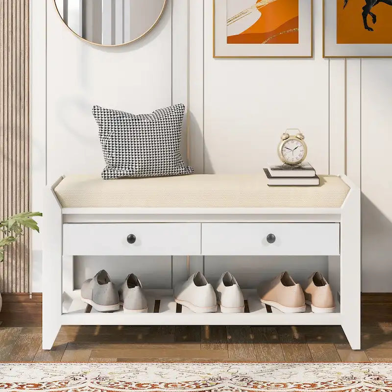 Meuble à chaussures avec assise capitonnée et tiroirs, banc de rangement multifonction pour entrée
