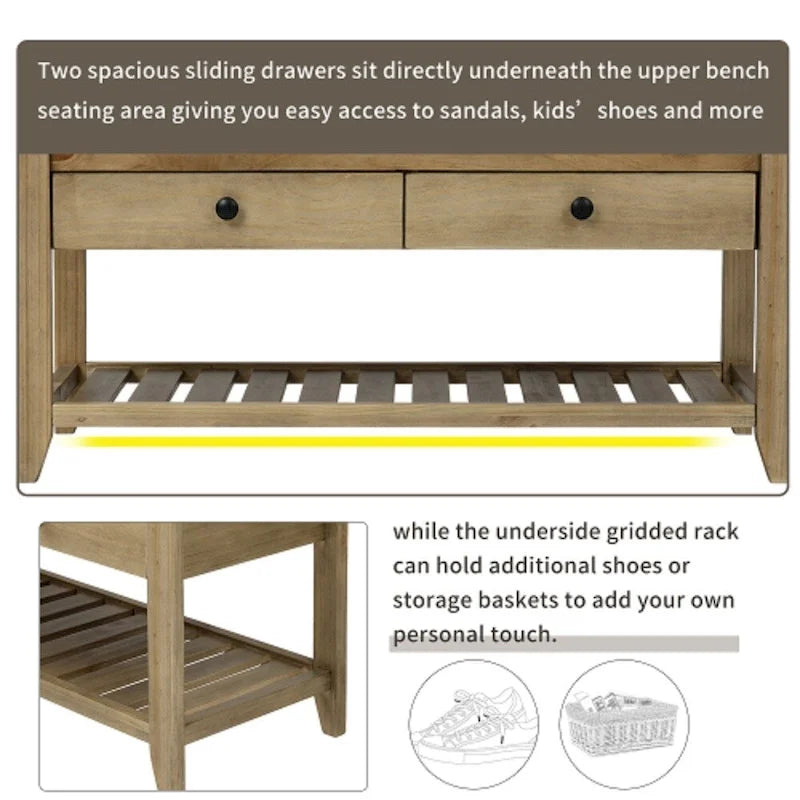Meuble à chaussures avec assise capitonnée et tiroirs, banc de rangement multifonction pour entrée