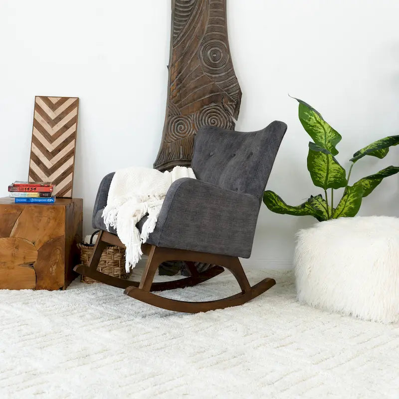 Fauteuil à bascule en velours gris de style Mid-Century (convient pour le salon et la chambre)