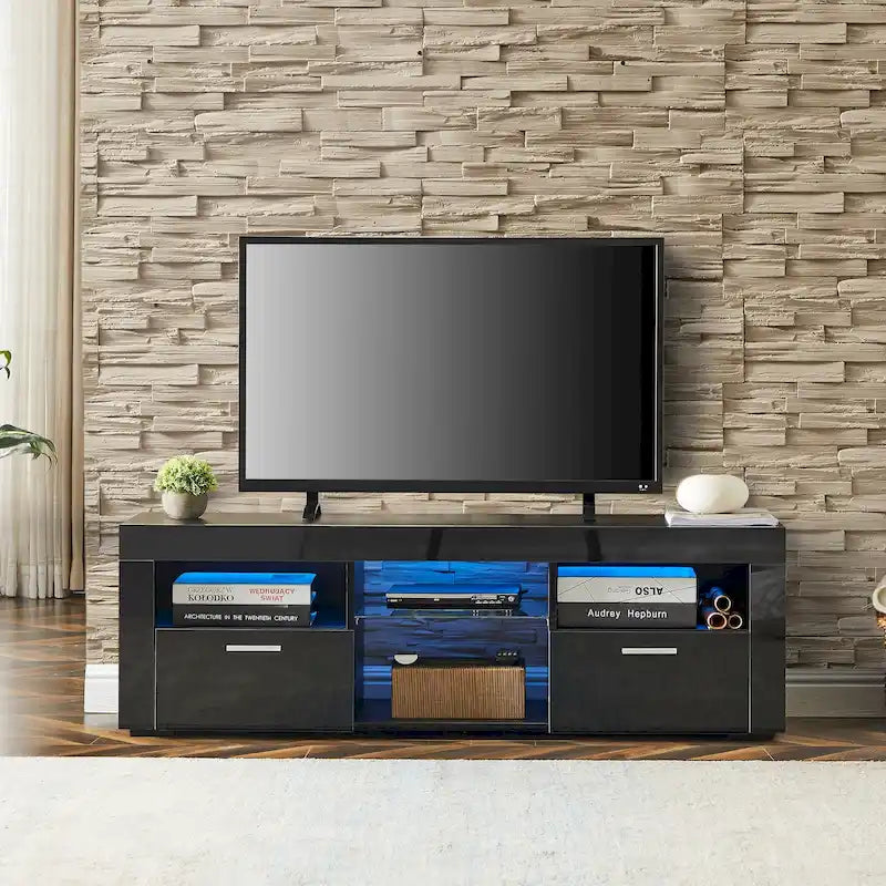 Meuble TV moderne de 130 cm avec étagères en verre et éclairage LED pour téléviseurs jusqu'à 175 cm