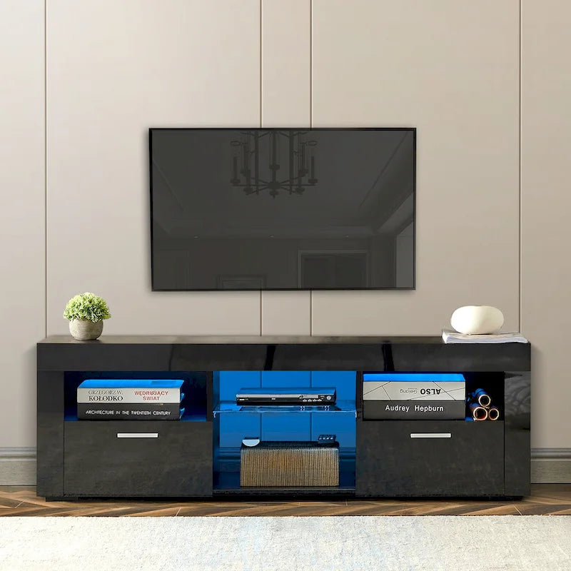 Meuble TV moderne de 130 cm avec étagères en verre et éclairage LED pour téléviseurs jusqu'à 175 cm