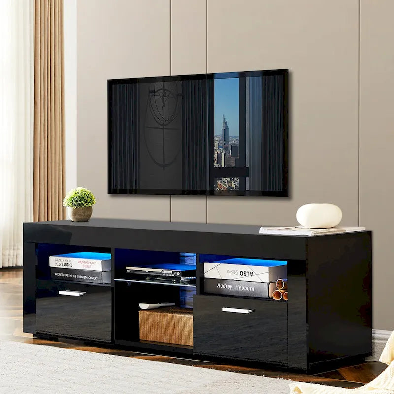 Meuble TV moderne de 130 cm avec étagères en verre et éclairage LED pour téléviseurs jusqu'à 175 cm