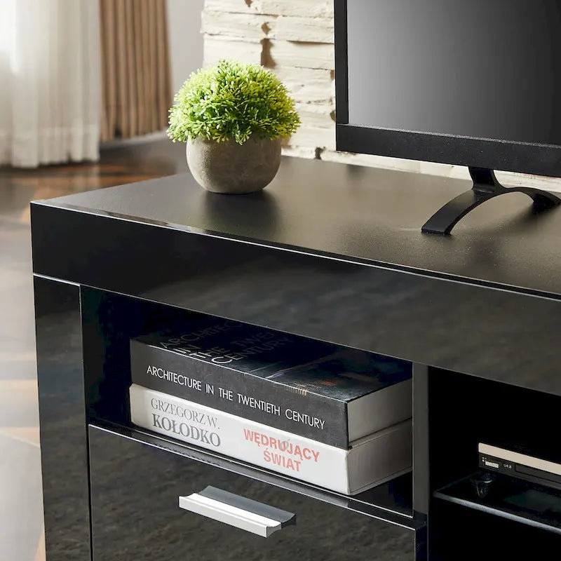 Meuble TV moderne de 130 cm avec étagères en verre et éclairage LED pour téléviseurs jusqu'à 175 cm