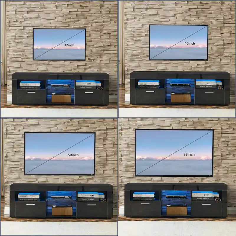 Meuble TV moderne de 130 cm avec étagères en verre et éclairage LED pour téléviseurs jusqu'à 175 cm