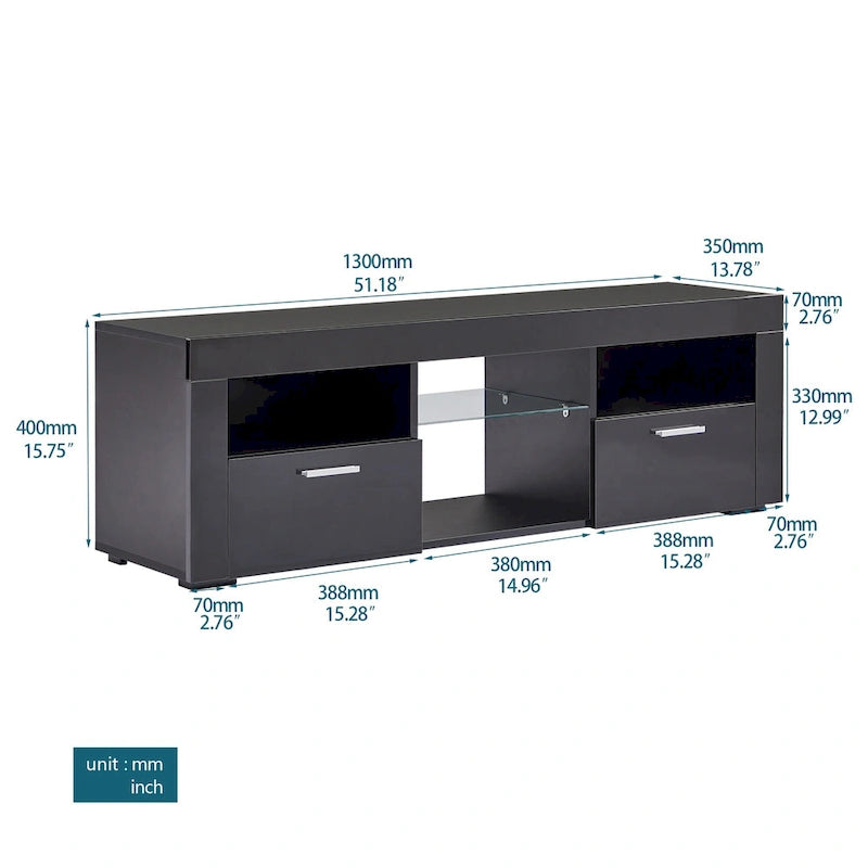 Meuble TV moderne de 130 cm avec étagères en verre et éclairage LED pour téléviseurs jusqu'à 175 cm