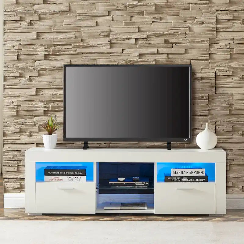 Meuble TV moderne de 130 cm avec étagères en verre et éclairage LED pour téléviseurs jusqu'à 175 cm