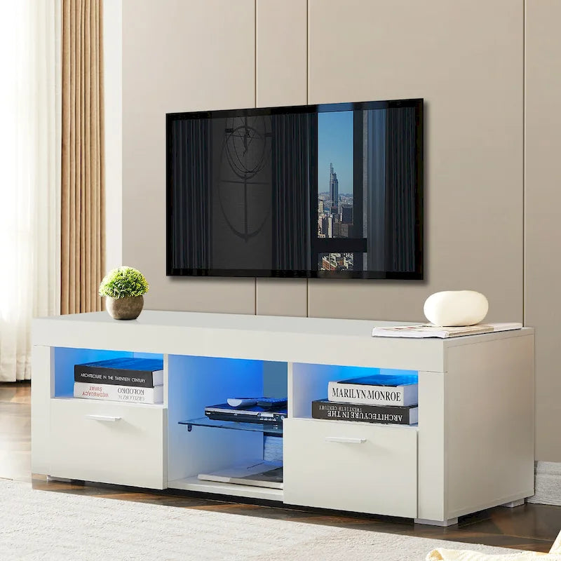 Meuble TV moderne de 130 cm avec étagères en verre et éclairage LED pour téléviseurs jusqu'à 175 cm