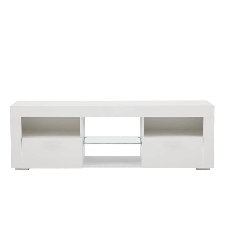 Meuble TV moderne de 130 cm avec étagères en verre et éclairage LED pour téléviseurs jusqu'à 175 cm