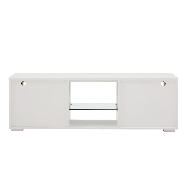 Meuble TV moderne de 130 cm avec étagères en verre et éclairage LED pour téléviseurs jusqu'à 175 cm