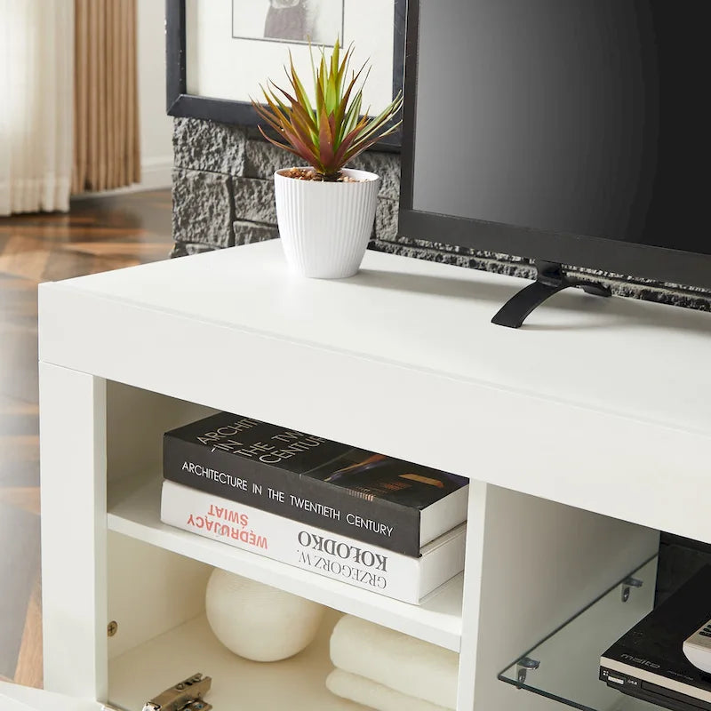 Meuble TV moderne de 130 cm avec étagères en verre et éclairage LED pour téléviseurs jusqu'à 175 cm