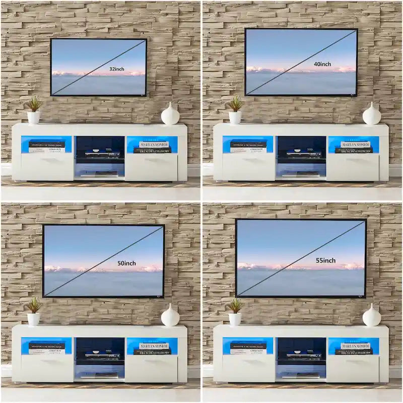 Meuble TV moderne de 130 cm avec étagères en verre et éclairage LED pour téléviseurs jusqu'à 175 cm