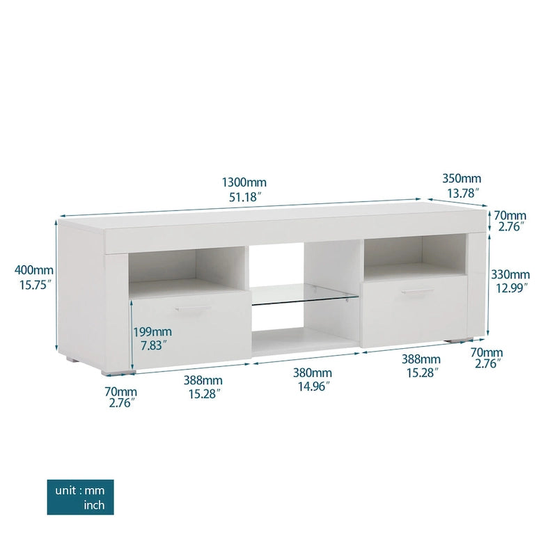 Meuble TV moderne de 130 cm avec étagères en verre et éclairage LED pour téléviseurs jusqu'à 175 cm
