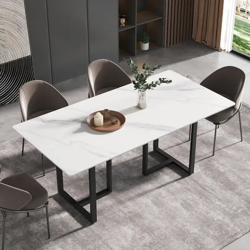 Table à manger en marbre blanc 71 po pour 6 à 8 personnes, plateau rectangulaire et pieds triangulaires en acier au carbone