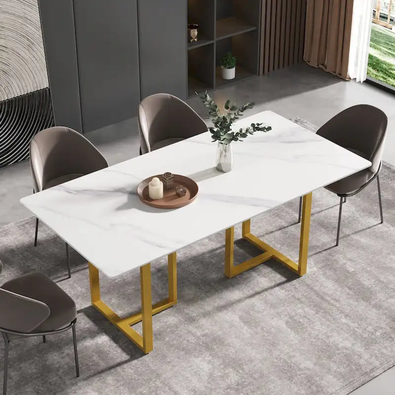 Table à manger en marbre blanc 71 po pour 6 à 8 personnes, plateau rectangulaire et pieds triangulaires en acier au carbone