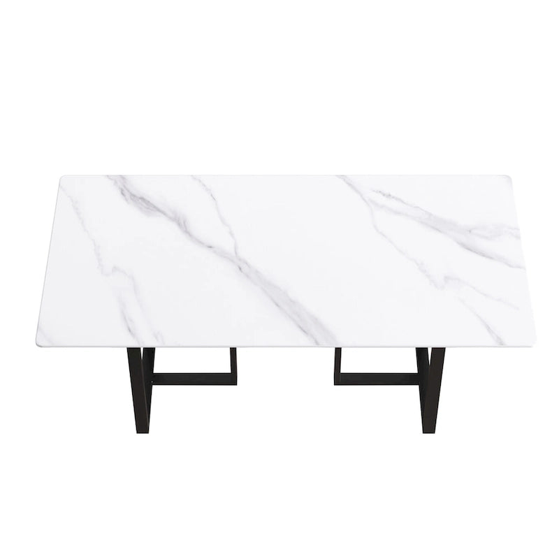 Table à manger en marbre blanc 71 po pour 6 à 8 personnes, plateau rectangulaire et pieds triangulaires en acier au carbone
