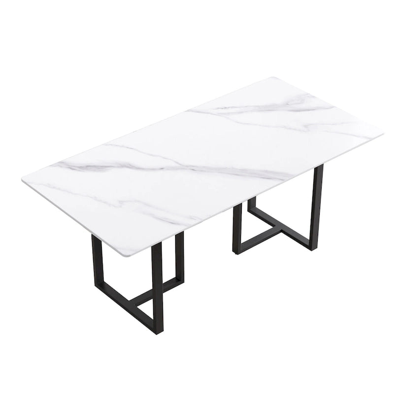 Table à manger en marbre blanc 71 po pour 6 à 8 personnes, plateau rectangulaire et pieds triangulaires en acier au carbone