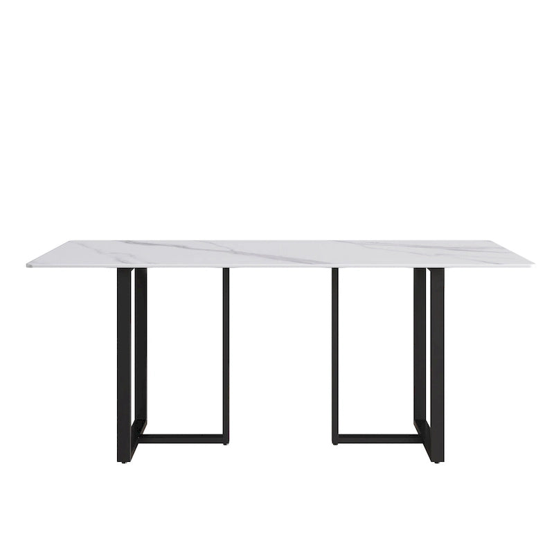 Table à manger en marbre blanc 71 po pour 6 à 8 personnes, plateau rectangulaire et pieds triangulaires en acier au carbone
