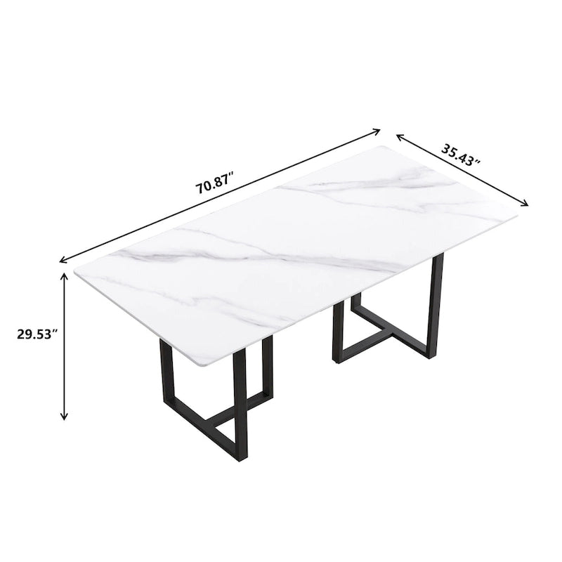Table à manger en marbre blanc 71 po pour 6 à 8 personnes, plateau rectangulaire et pieds triangulaires en acier au carbone