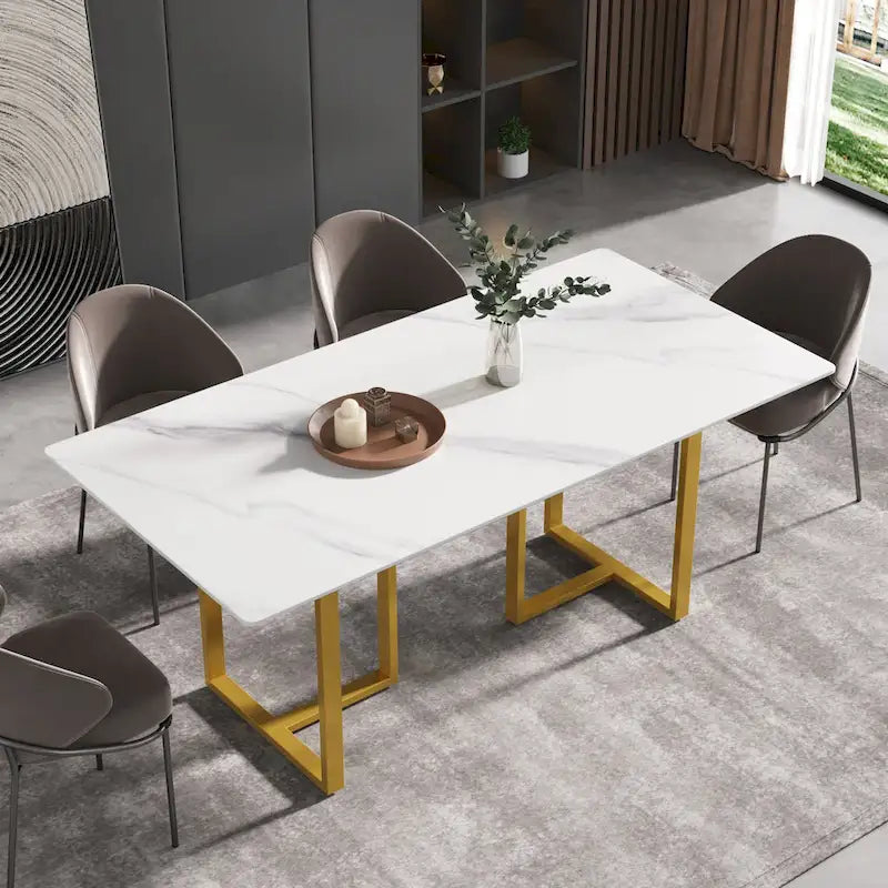 Table à manger en marbre blanc 71 po pour 6 à 8 personnes, plateau rectangulaire et pieds triangulaires en acier au carbone