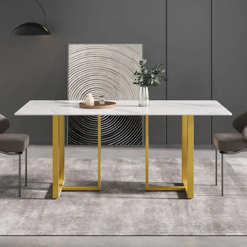 Table à manger en marbre blanc 71 po pour 6 à 8 personnes, plateau rectangulaire et pieds triangulaires en acier au carbone