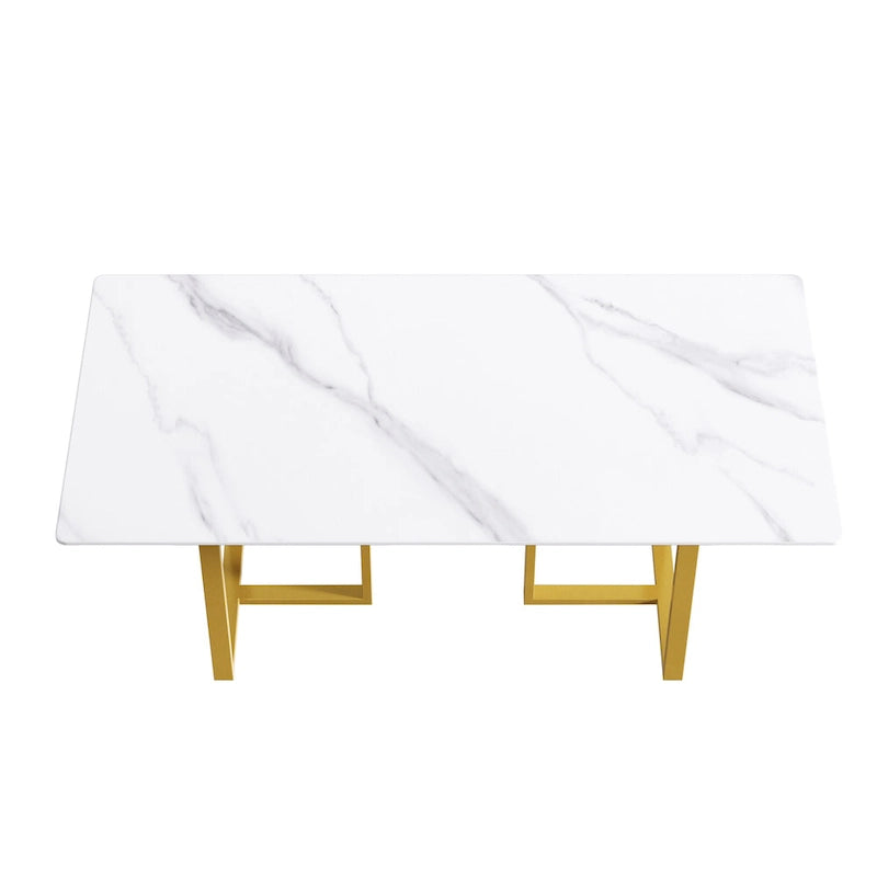 Table à manger en marbre blanc 71 po pour 6 à 8 personnes, plateau rectangulaire et pieds triangulaires en acier au carbone