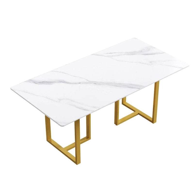 Table à manger en marbre blanc 71 po pour 6 à 8 personnes, plateau rectangulaire et pieds triangulaires en acier au carbone