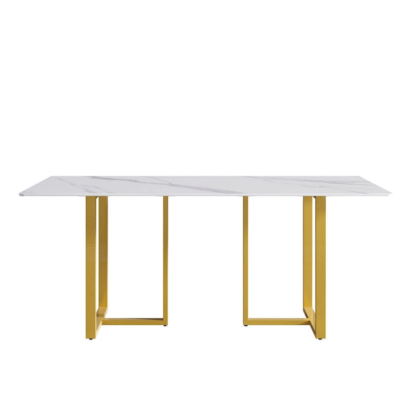 Table à manger en marbre blanc 71 po pour 6 à 8 personnes, plateau rectangulaire et pieds triangulaires en acier au carbone