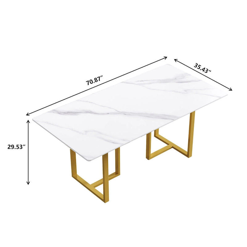 Table à manger en marbre blanc 71 po pour 6 à 8 personnes, plateau rectangulaire et pieds triangulaires en acier au carbone