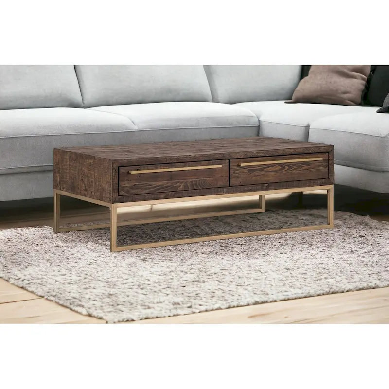 Table Basse en Métal Marron Foncé et Doré avec Tiroir 47" - 46.5