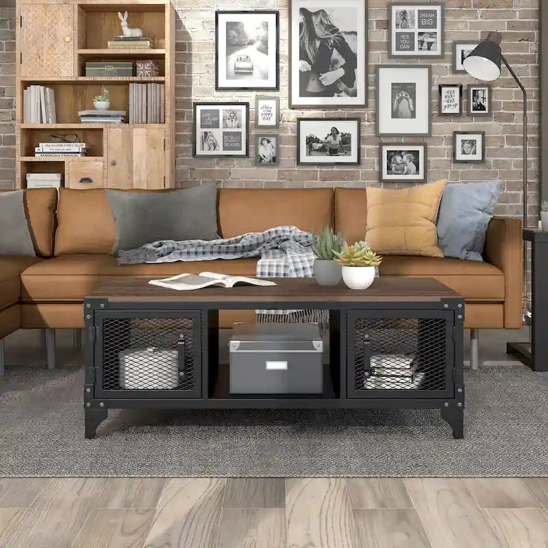 Table basse de rangement en acier de 48 pouces (noir rustique et noyer foncé)