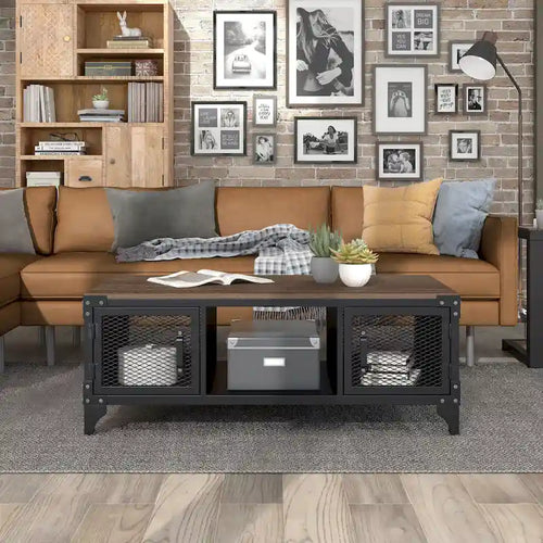 Table basse de rangement en acier de 48 pouces (noir rustique et noyer foncé)