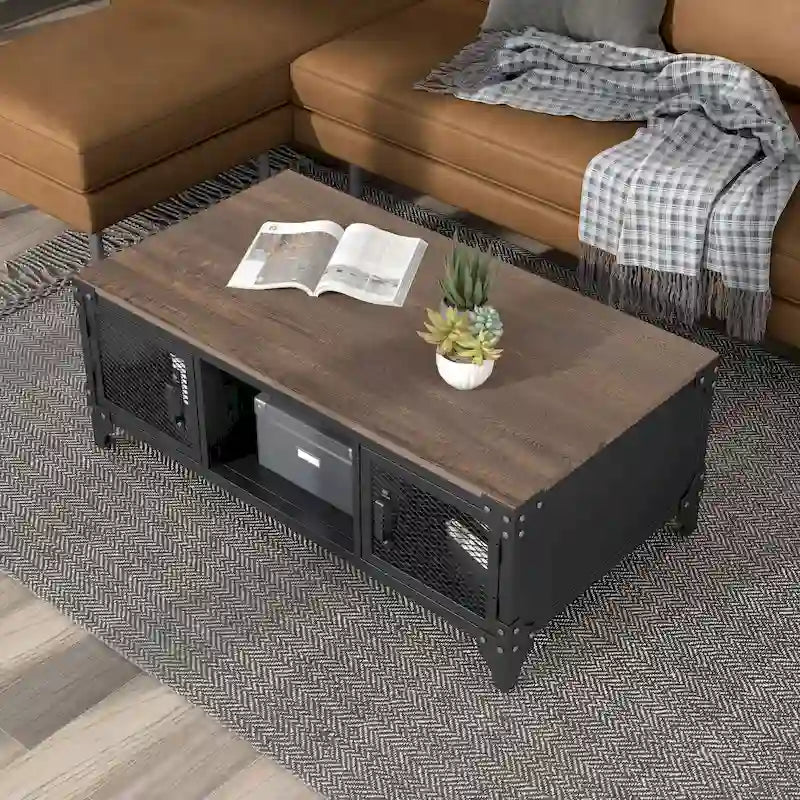Table basse de rangement en acier de 48 pouces (noir rustique et noyer foncé)