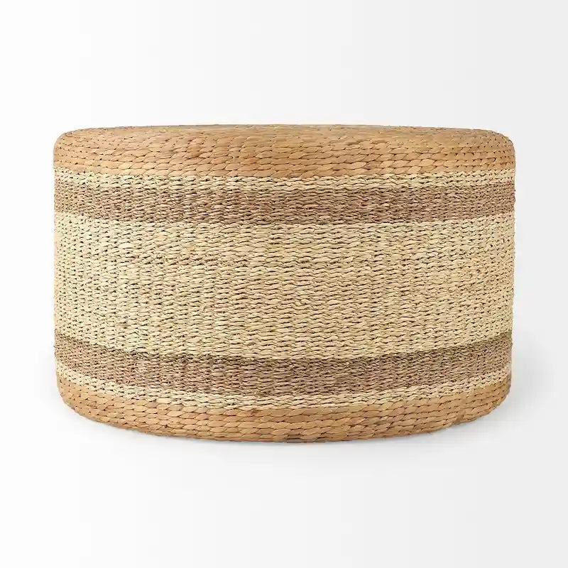 Pouf de table basse rond en jonc de mer à rayures marron