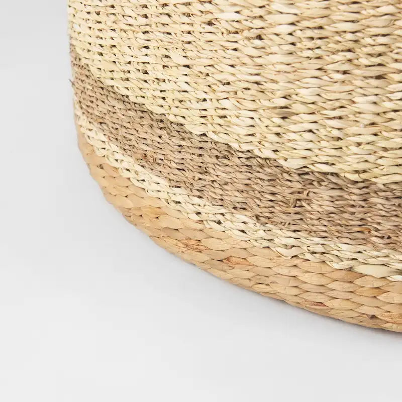 Pouf de table basse rond en jonc de mer à rayures marron