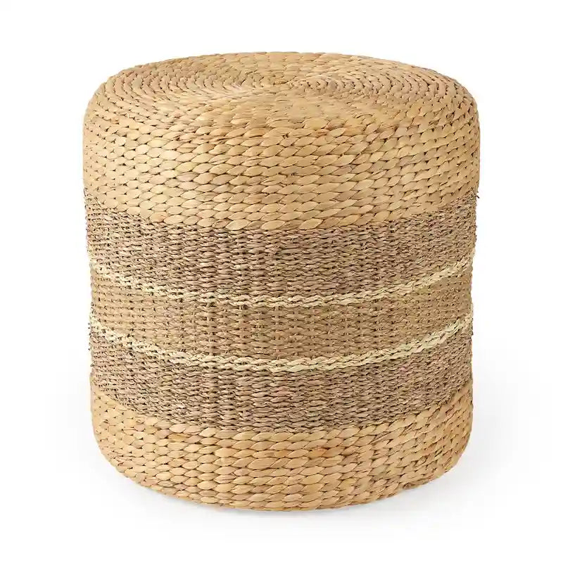Pouf de table basse rond en jonc de mer à rayures marron
