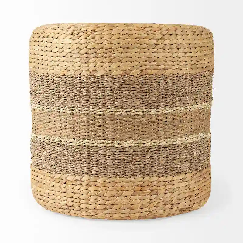 Pouf de table basse rond en jonc de mer à rayures marron