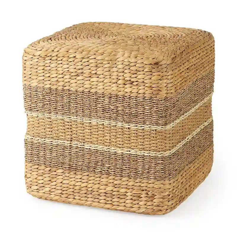 Pouf de table basse rond en jonc de mer à rayures marron