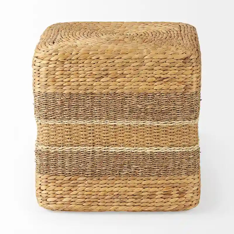 Pouf de table basse rond en jonc de mer à rayures marron